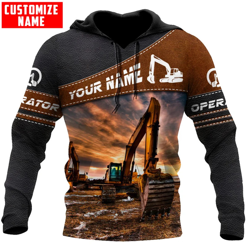 3D Printing Operator - เสื้อฮู้ดผู้ชายพิมพ์ลาย 3 มิติทั้งตัว ลายรถขุดพร้อมชื่อและรูปภาพของคุณเอง 1 ชิ้น