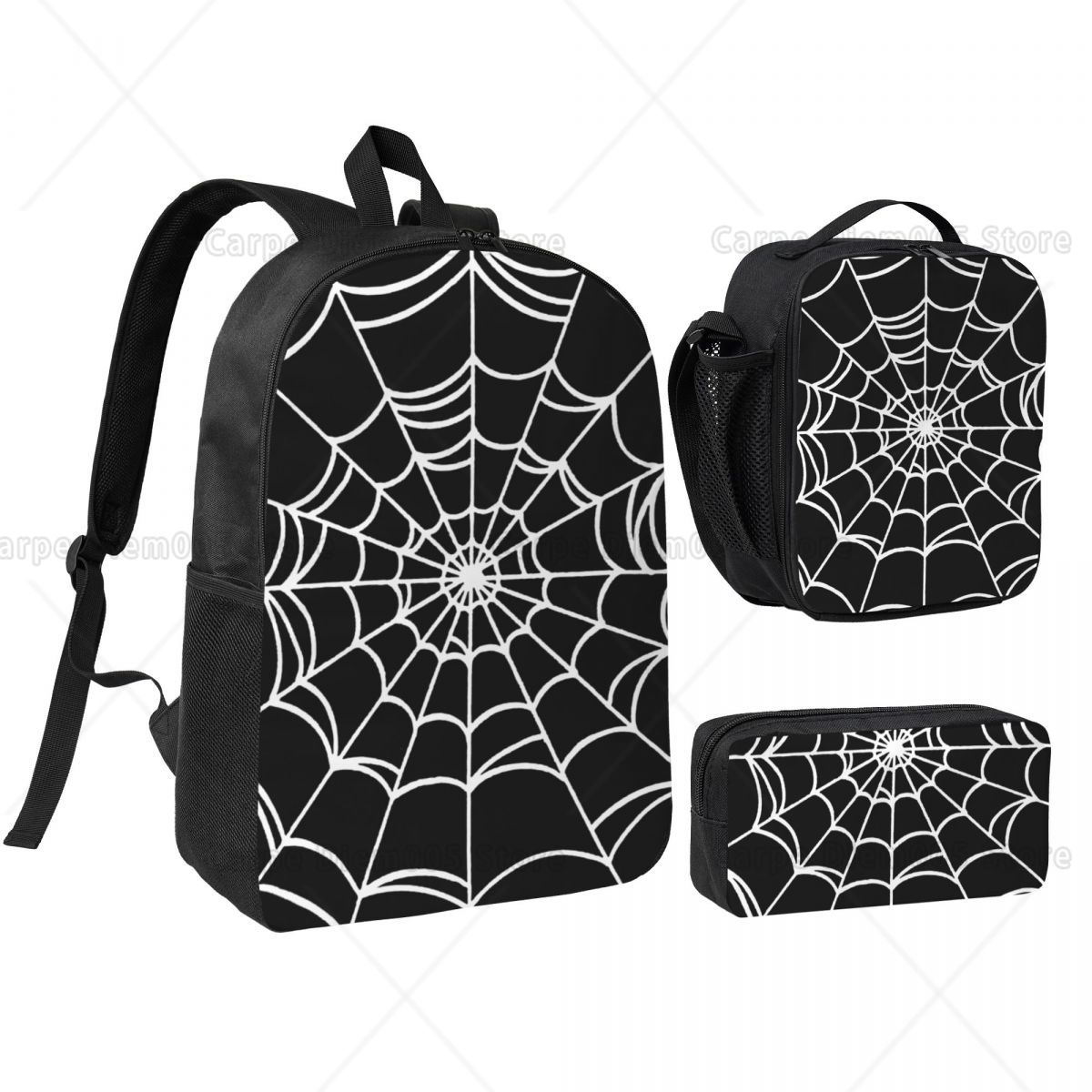 3D Printing Web - Black Web Spider พิมพ์ชุดกระเป๋าเป้สะพายหลังสําหรับเด็กกระเป๋าปากกา Bookbag ชุดกล่องอาหารกลางวันสําหรับนักเรียนกระเป๋าเป้สะพายหลัง