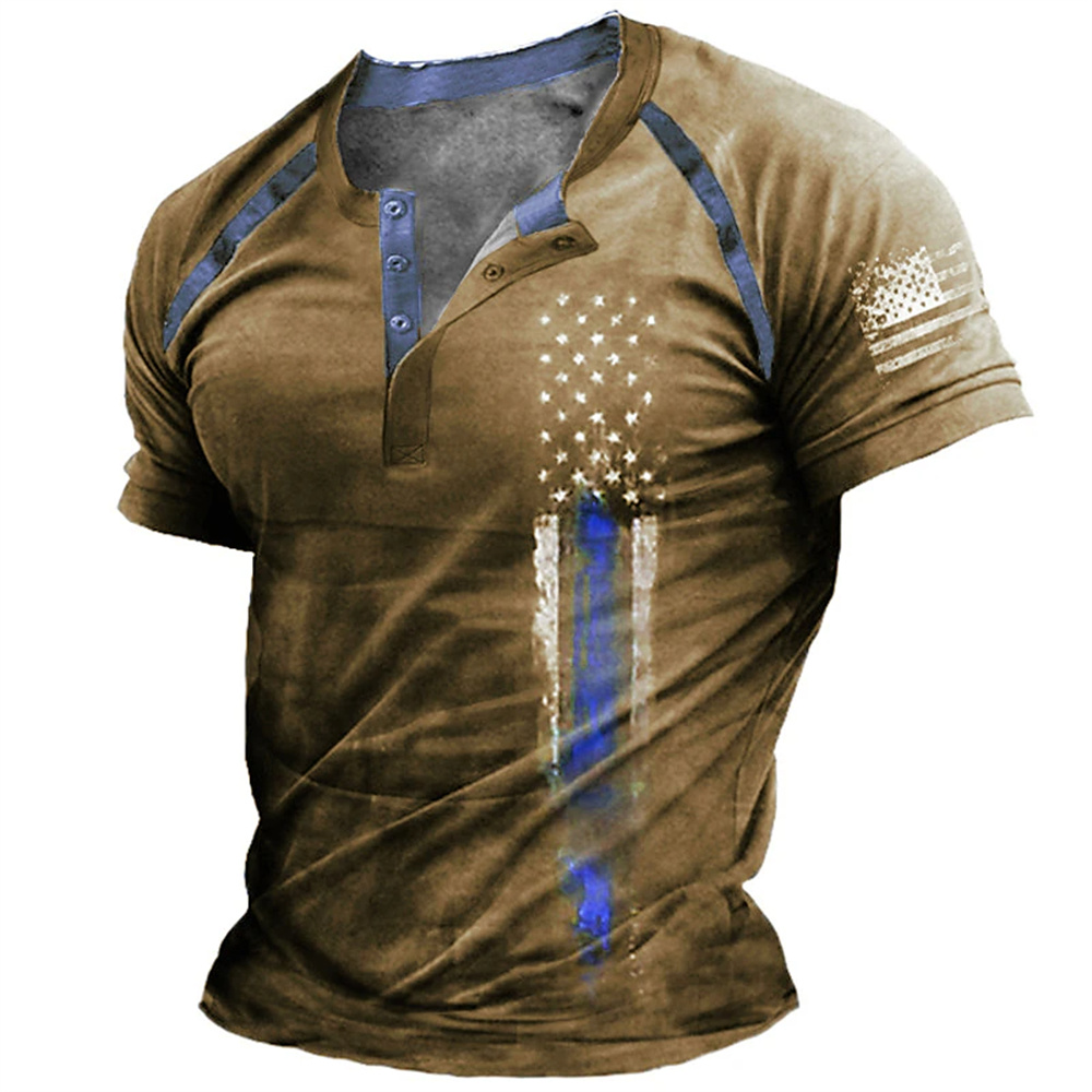 3D Printing Service - เสื้อเชิ้ตเฮนรี่พิมพ์ลายธงชาติอเมริกัน 3 มิติ สไตล์ตลกๆ สำหรับผู้ชาย แฟชั่นคอเฮนรี่