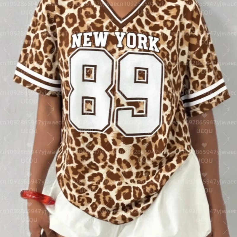 3D Printing York - NEW YORK NO.89 เสื้อยืดแขนสั้นผู้หญิงคอวีพิมพ์ลายแฟชั่นฤดูร้อนเสื้อยืดลายเสือดาวเสื้อยืดกีฬาเบสบอล 3D