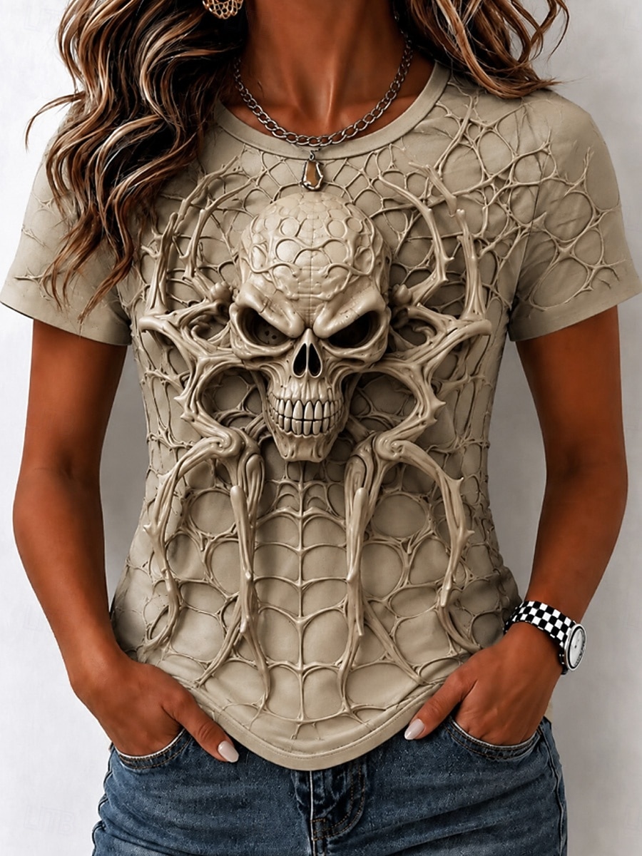 3D Printing Web - เสื้อยืดคอกลมพิมพ์ลาย 3 มิติ สำหรับผู้หญิง คอลเลคชั่นฤดูใบไม้ผลิ/ฤดูร้อน ลายใยแมงมุม