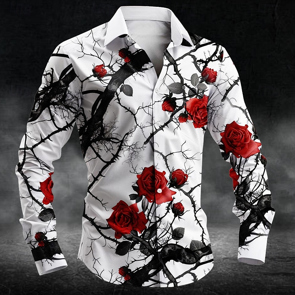 3D Printing Service - เสื้อเชิ้ตลายดอกพลัมแฟชั่น พิมพ์ลาย 3 มิติ แขนยาวสำหรับผู้ชาย เสื้อเชิ้ตศิลปะ
